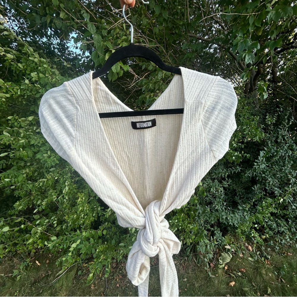 Reformation Ivory V-Neck Tie-Front Wrap Sweater